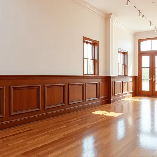 Freshly installed dark wood wainscoting in a modern East Chicago interior with polished hardwood floors and large windows