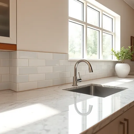 Freshly installed sleek ceramic subway backsplash in modern East Chicago kitchen with polished granite countertop and stainless steel fixtures