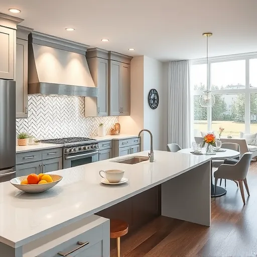 Modern kitchen remodel in Burnham, IL features quartz countertops, stainless steel appliances, and elegant design elements.