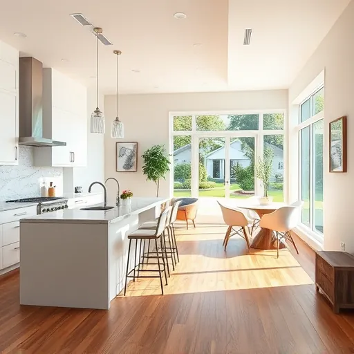 Modern kitchen and living area with open-concept design, sleek appliances, quartz countertops, and hardwood floors in Highland IN.