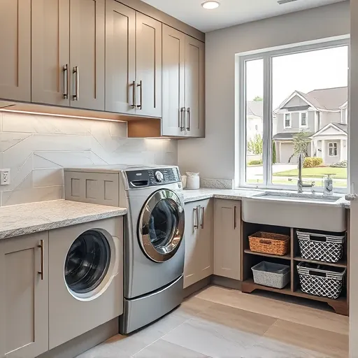 Remodeled East Chicago laundry room with modern cabinetry, quartz countertops, stacked washer and dryer, tiled floor, and organized storage