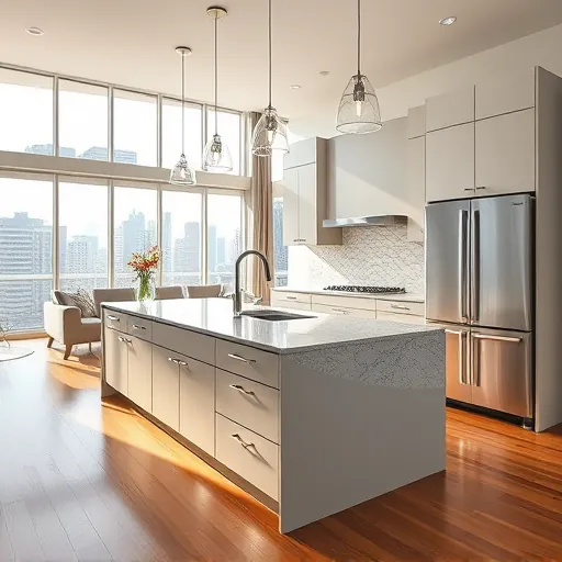 Modern East Chicago kitchen remodel featuring neutral cabinetry, granite island, stainless steel appliances, and natural light.