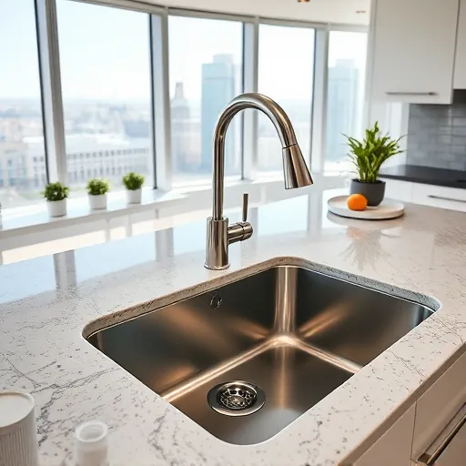 Modern kitchen with sleek granite countertops stainless steel sink and faucet bright natural light cityscape view East Chicago Indiana