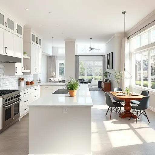 Modern Tinley Park kitchen remodel featuring sleek white cabinets, quartz island, stainless steel appliances, and cozy dining area.