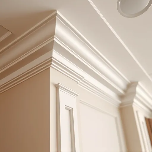 Seamless, intricate crown molding installation in a modern interior with polished wood textures and soft lighting
