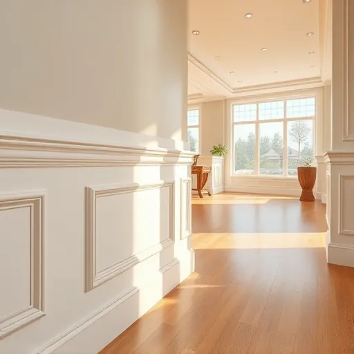 Finished elegant wooden wainscoting with detailed molding in a modern upscale East Chicago interior featuring natural light and polished hardwood floors