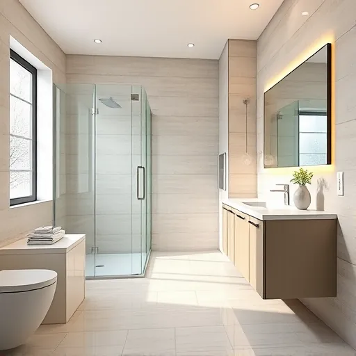 Remodeled East Chicago bathroom with walk-in shower, tiled walls, modern vanity, polished ceramic tiles, soft lighting, and decorative accessories
