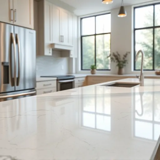 Modern kitchen with a newly installed quartz countertop featuring subtle veining, sleek edges, stainless steel appliances, and natural light.