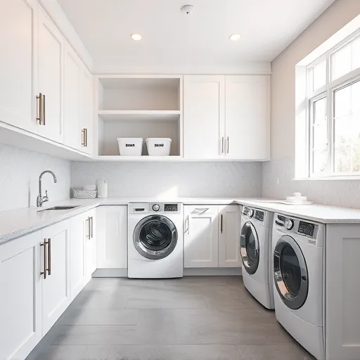 Remodeled laundry room in East Chicago with white modern cabinetry, quartz countertops, stainless steel handles, and organized shelving