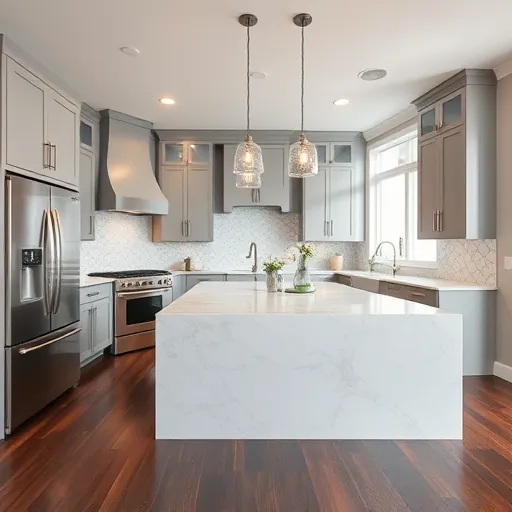 Modern Flossmoor kitchen with gray cabinetry, marble countertops, stainless appliances, and an inviting warm atmosphere.