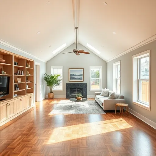 Spacious attic conversion with hardwood floors, built-in shelves, modern furniture, large windows, and elegant finishes in East Chicago