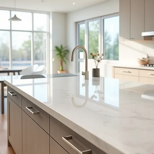 Bright modern East Chicago kitchen featuring a sleek polished quartz countertop with subtle veining and stainless steel fixtures