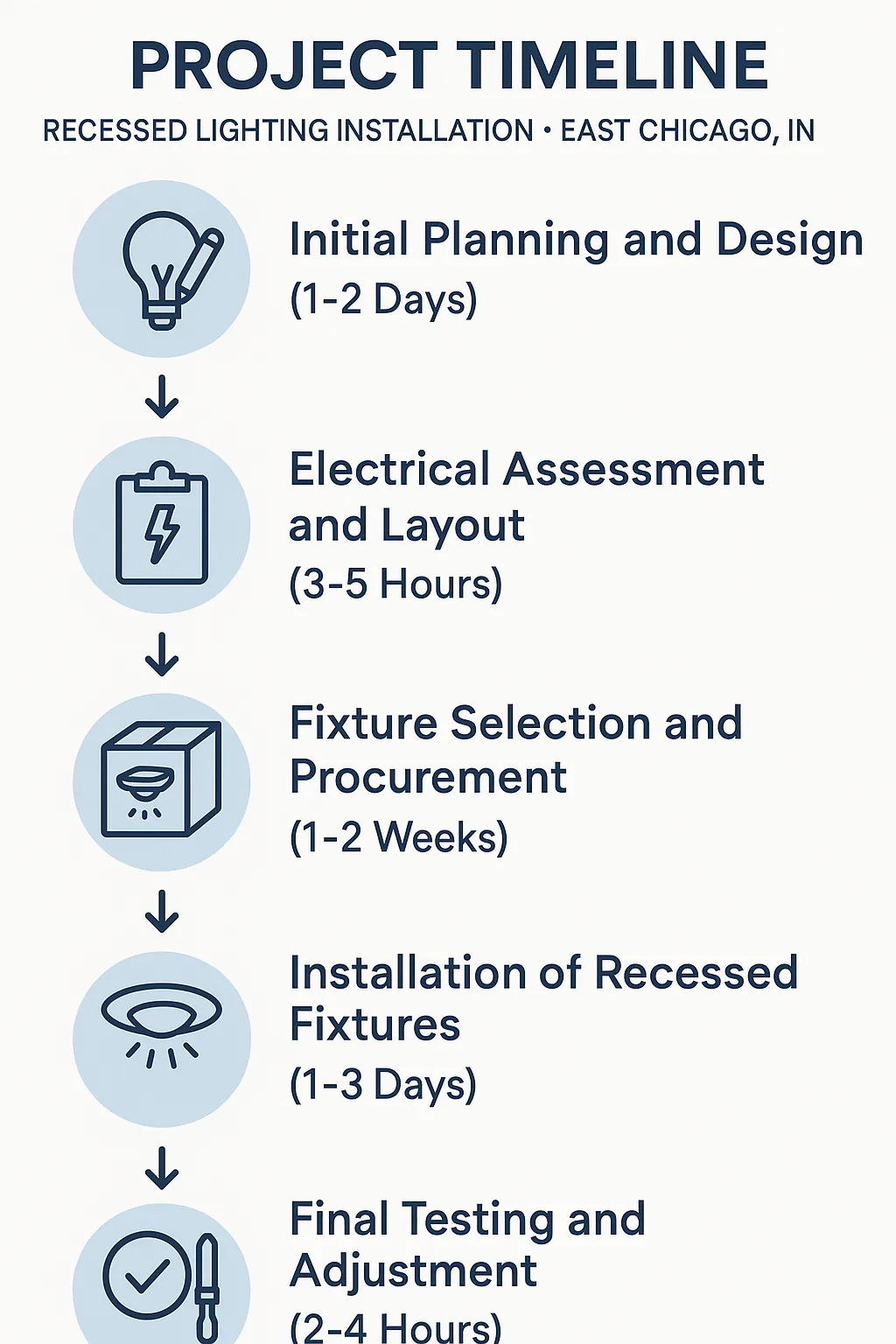 Infographic depicting 5-step project timeline for recessed lighting installation in East Chicago IN.