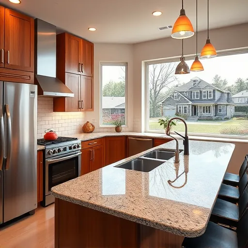 Newly remodeled kitchen in East Chicago with sleek stainless appliances, warm wood cabinetry, and spacious granite island.