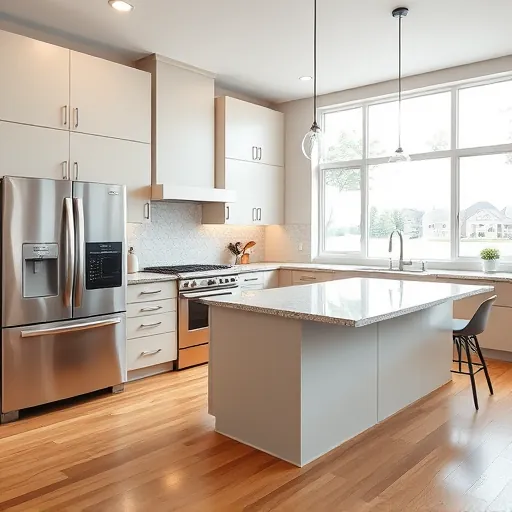 Remodeled kitchen in East Chicago with modern cabinetry, granite island, stainless steel appliances, and natural light.