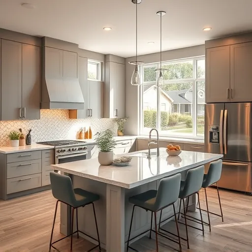 Modern kitchen remodel in Matteson IL with sleek cabinetry, quartz island, stainless appliances, and natural light.