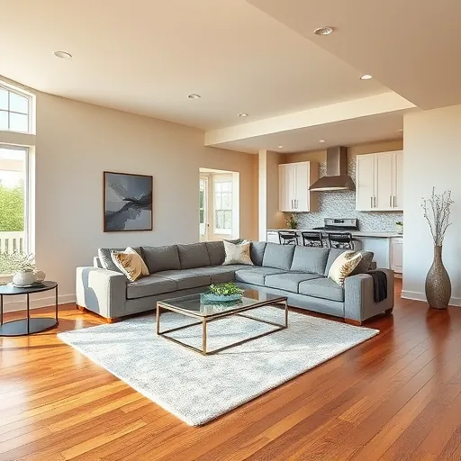 Remodeled living room in Crete, IL with elegant hardwood floors, large windows, and modern furnishings reflecting luxury.