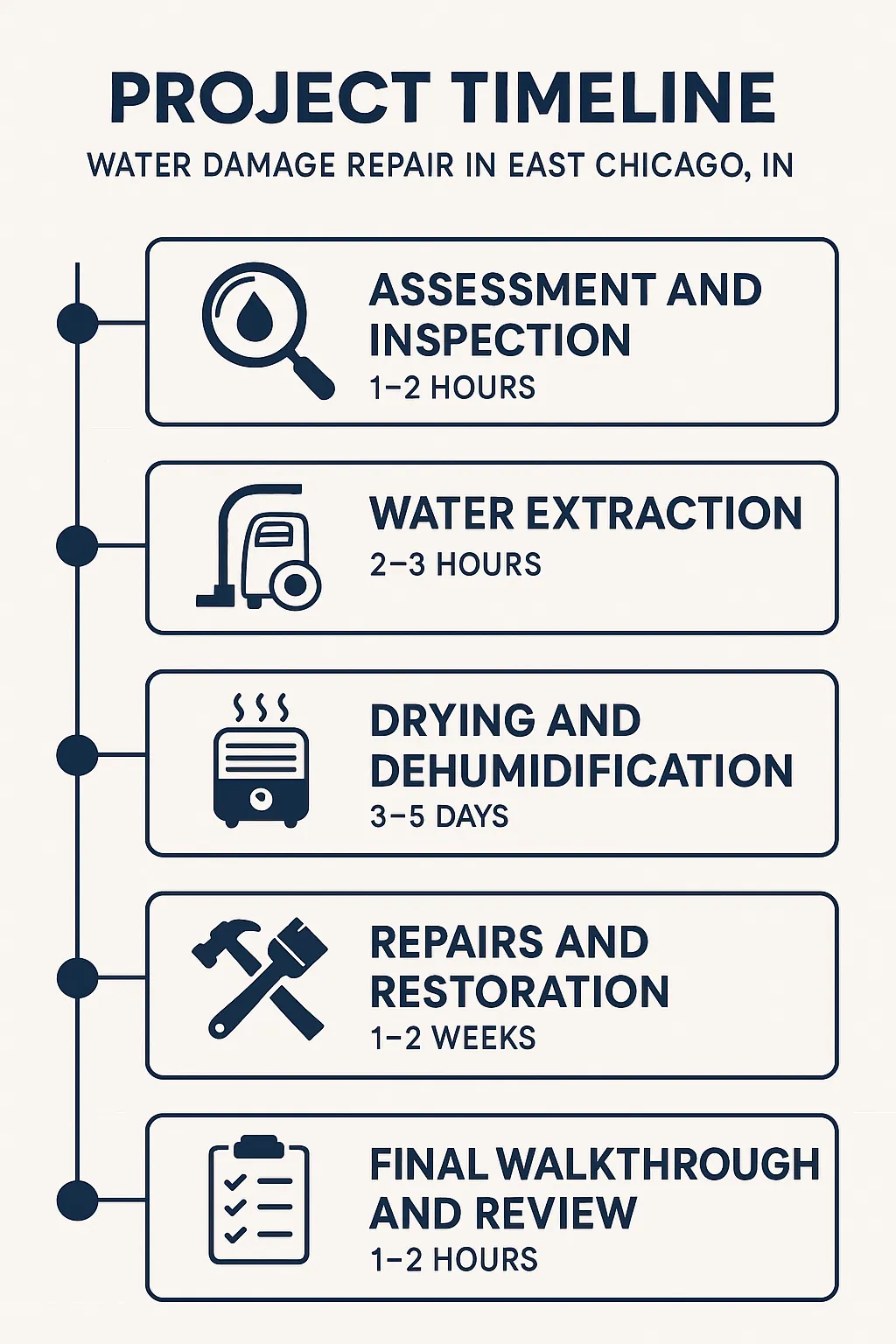 Infographic depicting a five-step water damage repair timeline for East Chicago IN with clear visual elements and minimal text