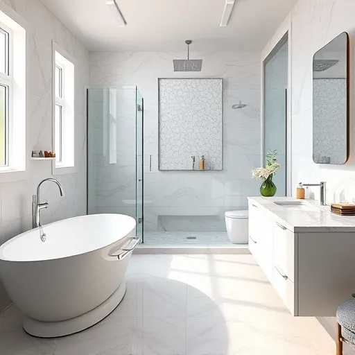 Modern bathroom with glass shower, freestanding tub, marble vanity, stylish fixtures, and elegant tiling in East Chicago