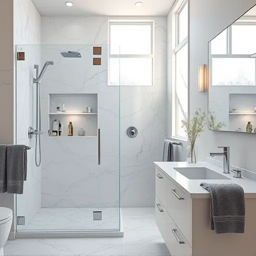 Remodeled East Chicago bathroom with modern shower, marble tiles, sleek vanity, large mirror, and natural light.