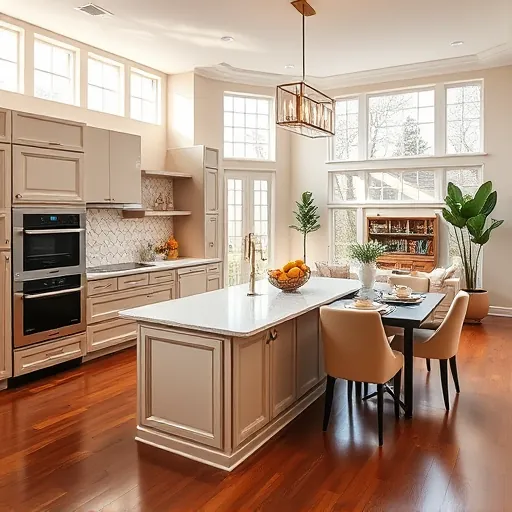 Modern kitchen remodel in Country Club Hills IL featuring sleek appliances, elegant windows, hardwood floors, and chic decor.