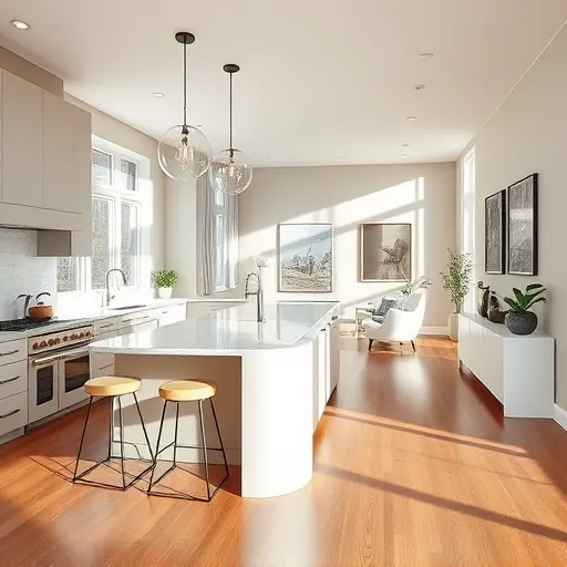 Modern kitchen remodeling in Country Club Hills, IL features quartz countertops, matte cabinetry, and hardwood flooring.