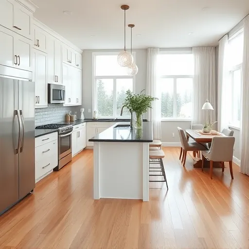 Modern kitchen remodel in Whiting IN featuring sleek white cabinets, granite island, stainless steel appliances, and airy dining area.