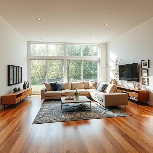 Remodeled living room in Thornton IL features hardwood floors, large windows, modern sofa, and stylish decor elements.