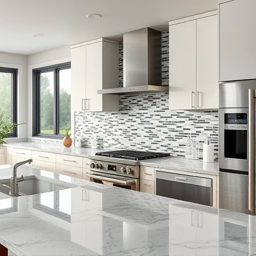 Modern kitchen with detailed mosaic backsplash, granite countertops, stainless steel appliances, large windows in East Chicago