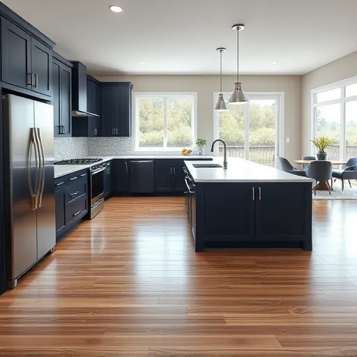 Newly renovated East Chicago kitchen with navy cabinetry, marble island, modern appliances, and natural light.
