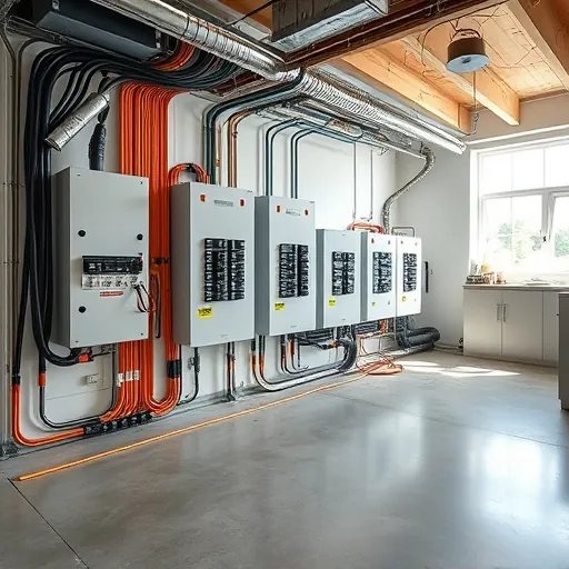 Well-lit modern utility room with organized electrical panels, neat wiring, and polished concrete basement floors