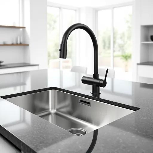 Modern kitchen with sleek stainless steel sink and matte black high-arc faucet on dark granite countertop in bright, organized space