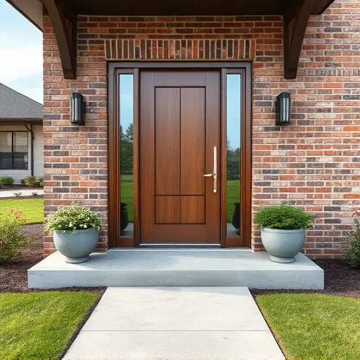 Freshly installed modern wooden entry door with metal accents in a brick home, surrounded by greenery and landscaped yard