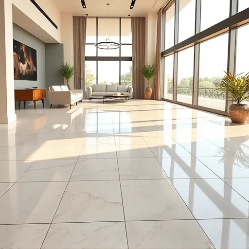 Spacious modern interior in East Chicago Indiana with polished ceramic tile flooring in intricate patterns and glossy finish reflecting natural light