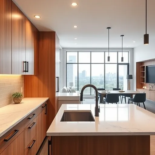 Freshly renovated East Chicago kitchen with modern wood cabinetry, sleek granite countertops, and bright natural light.