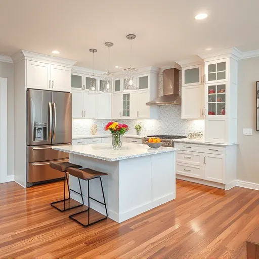 Modern kitchen remodel in Lansing IL with marble countertops, stainless steel appliances, LED lighting, and hardwood floors.
