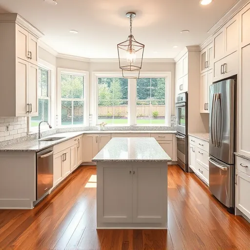 Modern Hazel Crest kitchen with sleek granite countertops, custom white cabinetry, hardwood floors, and bright natural light.