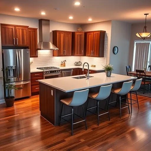 Modern kitchen remodel in Dyer IN featuring custom walnut cabinetry, quartz countertops, and stylish bar stools.