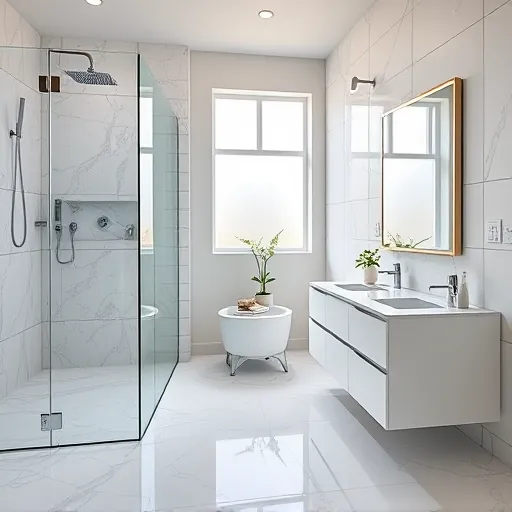 Renovated modern bathroom in East Chicago with walk-in shower, double vanity, marble tiles, and natural lighting