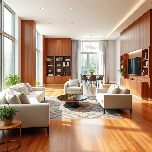 Modern living room remodel in Markham IL with neutral tones, large windows, polished hardwood, and tasteful decor.