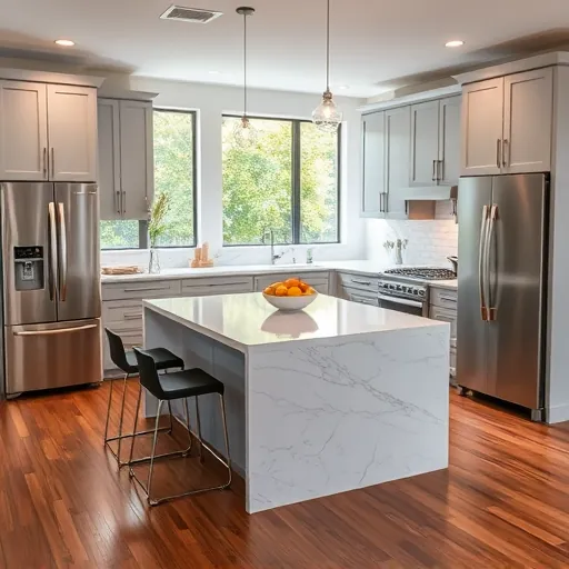 Modern kitchen remodel in Indiana Harbor featuring gray cabinetry, stainless steel appliances, marble island, and natural light.