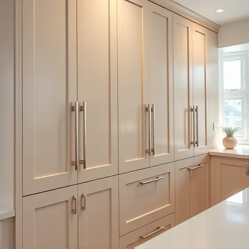 Refaced modern kitchen cabinets in East Chicago Indiana with polished neutral finish brushed handles and stylish backsplash