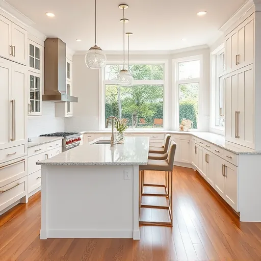 Modern kitchen remodel in Evergreen Park with white cabinetry, granite countertops, hardwood floors, and stylish lighting.