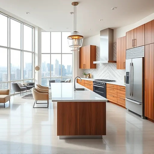Remodeled East Chicago kitchen with modern design, marble island, natural light, stylish finishes, and city skyline views.
