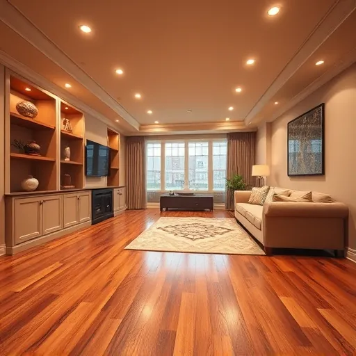 Beautiful finished basement in East Chicago with polished hardwood floors, built-in shelving, plush sectional, and modern entertainment area