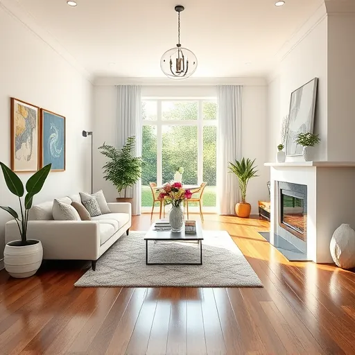Remodeled living room in Merrionette Park IL with modern decor, large windows, hardwood floors, and cozy fireplace.