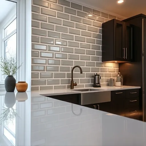 Close-up of a sleek gray subway tile backsplash in a modern east Chicago kitchen with glossy finish and perfect grout lines