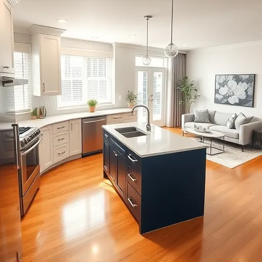 Modern kitchen remodel in Oak Forest IL features white cabinetry, navy island, quartz counters, and cozy living area.