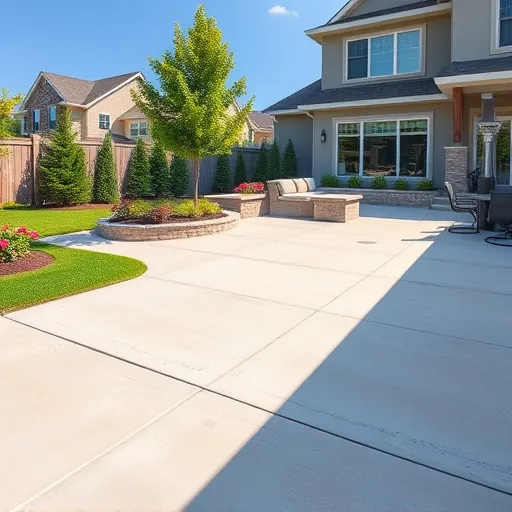 Recently finished concrete patio in East Chicago with decorative patterns, lush landscaping, modern outdoor furniture, and a contemporary home