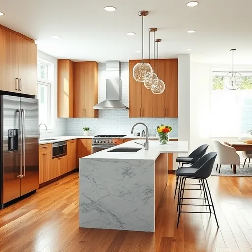 Modern remodeled kitchen in East Chicago showcases high-end appliances, polished granite countertops, and natural light.